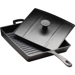 Сковорода чугунная рифленая 270х270 мм «Цыплята табака» с крышкой-прессом Luxstahl [HEGP30]